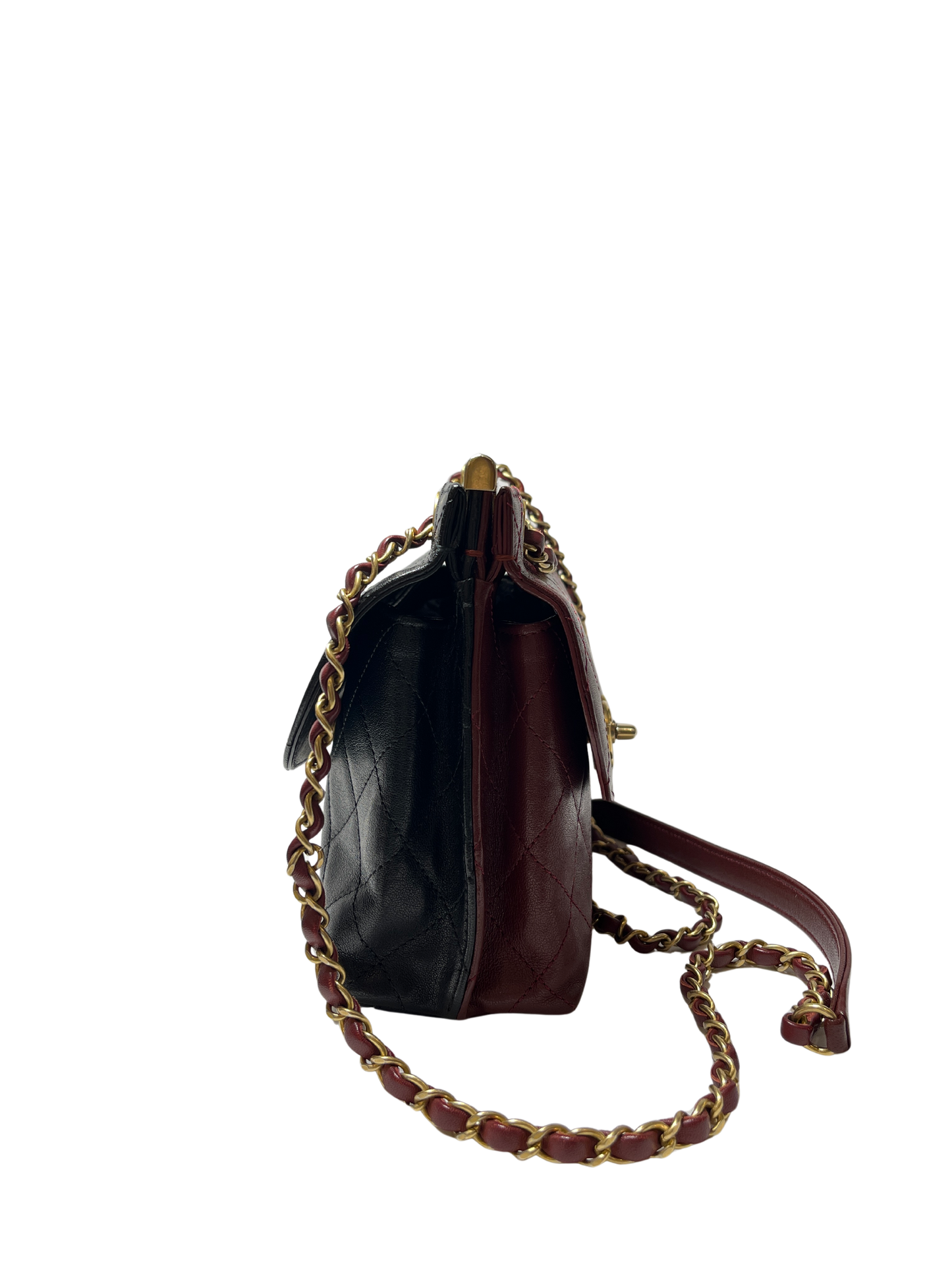 Used Chanel Calfskin Leather Double Sided Flap Shoulder Bag Black Wine Red