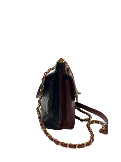 Used Chanel Calfskin Leather Double Sided Flap Shoulder Bag Black Wine Red
