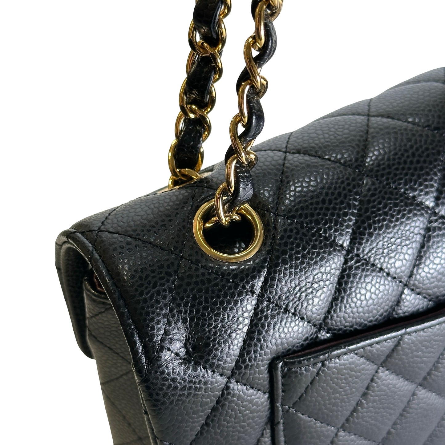 Used CHANEL Caviar Quilted Classic Double Flap Chain Shoulder Bag Black Gold