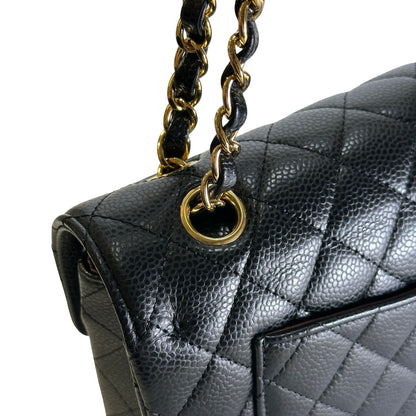 Used CHANEL Caviar Quilted Classic Double Flap Chain Shoulder Bag Black Gold