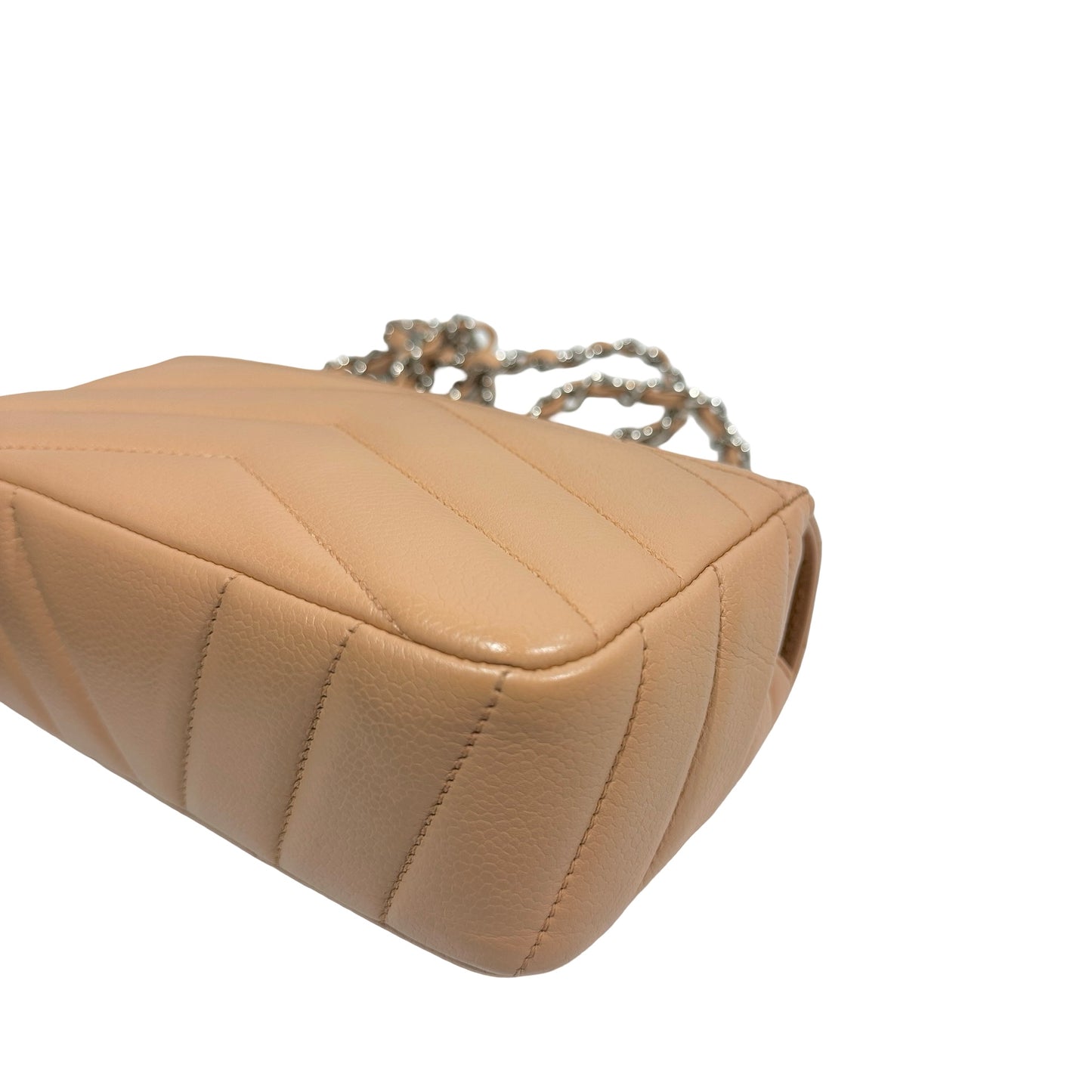 Used CHANEL Chevron Caviar Classic Flap Chain Shoulder Bag Beige