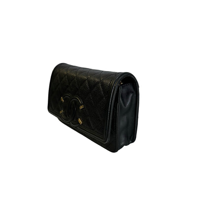 Used CHANEL Quilted Caviar Wallet On Chain Wallet on chain Black Gold