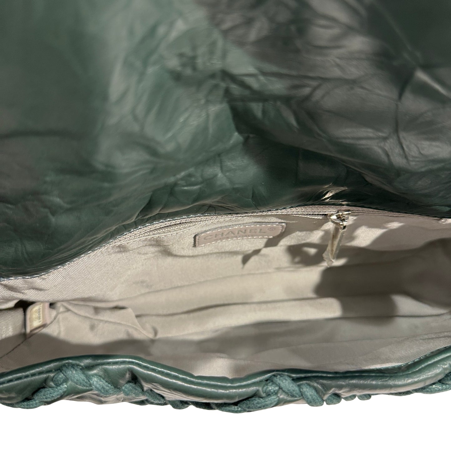 CHANEL Quilted Crinkled Calfskin Surpique Chain Shoulder Bag Dark Green Silver Hardware