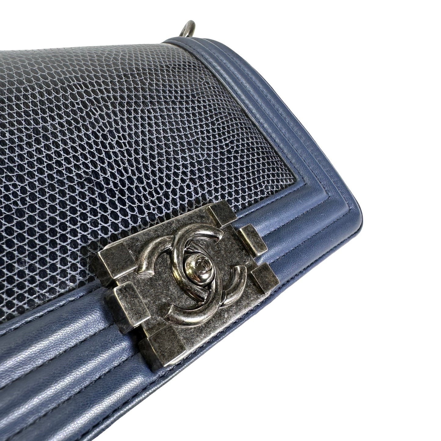 Used CHANEL Lizard Calfskin Boy Bag Shoulder Bag Navy Blue