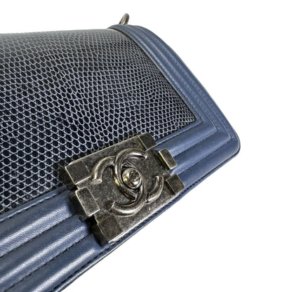 Used CHANEL Lizard Calfskin Boy Bag Shoulder Bag Navy Blue