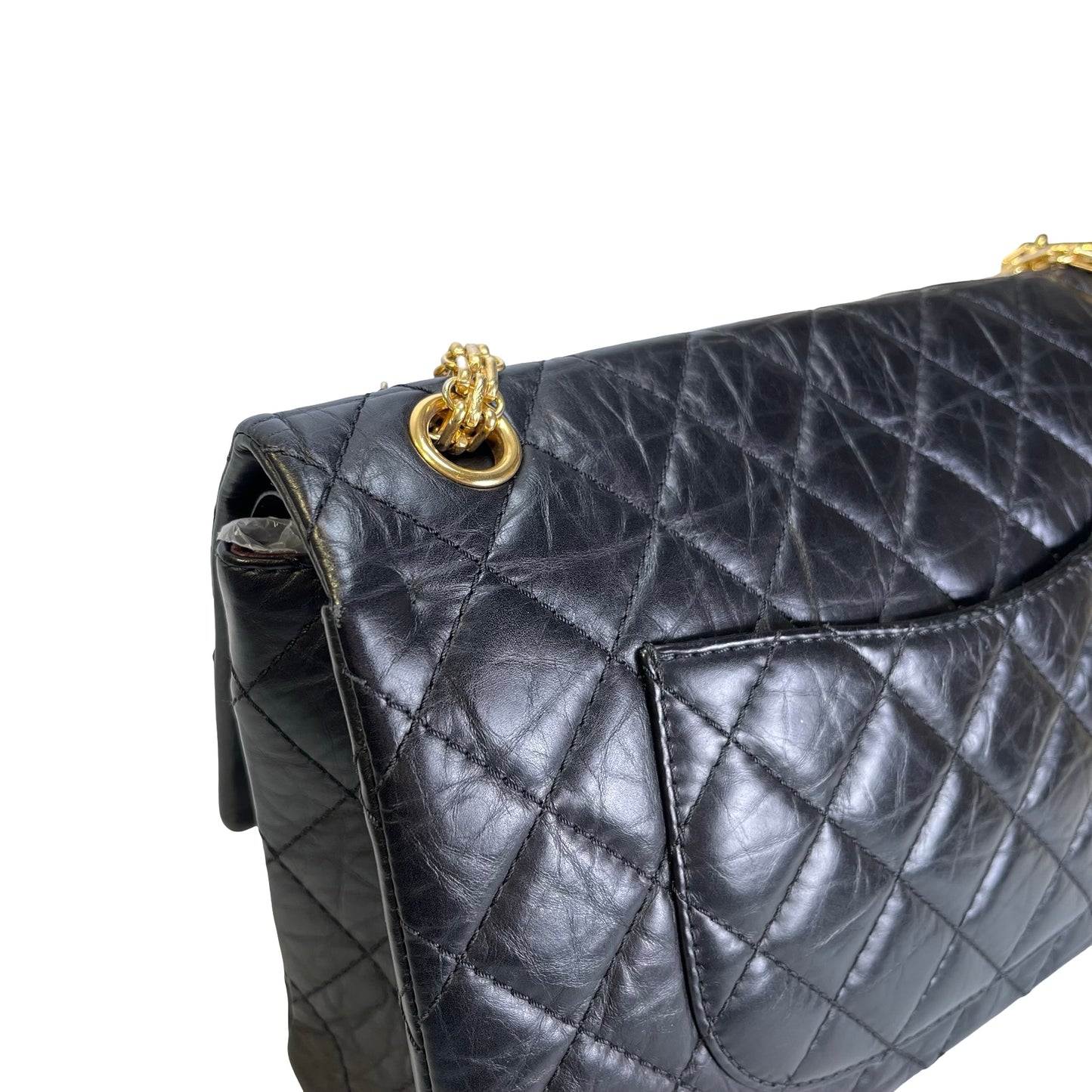 Used CHANEL Quilted Aged Calfskin 2.55 Medium Chain Shoulder Bag Black Gold
