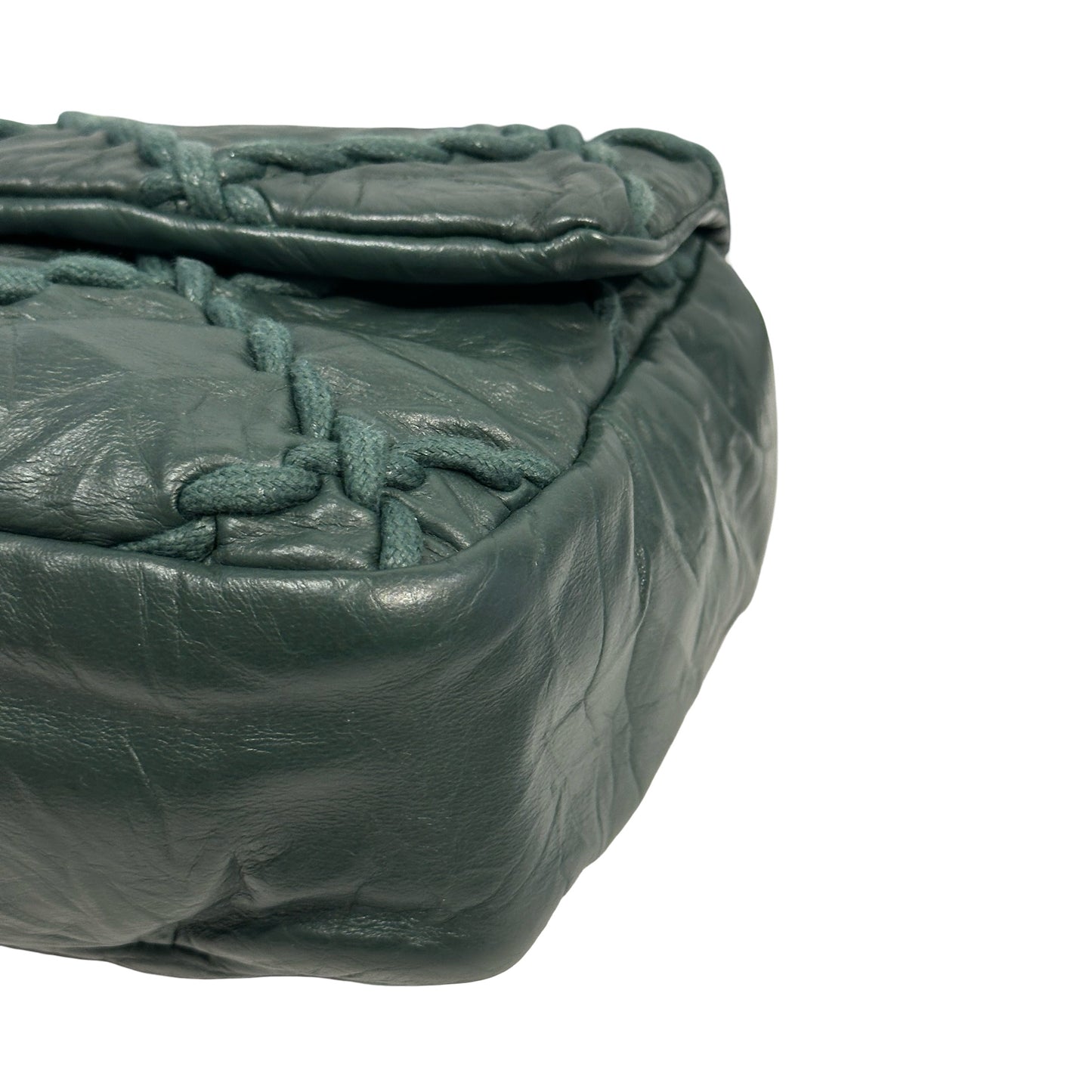 CHANEL Quilted Crinkled Calfskin Surpique Chain Shoulder Bag Dark Green Silver Hardware