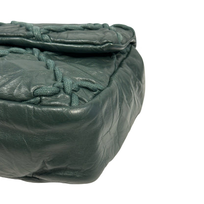 CHANEL Quilted Crinkled Calfskin Surpique Chain Shoulder Bag Dark Green Silver Hardware