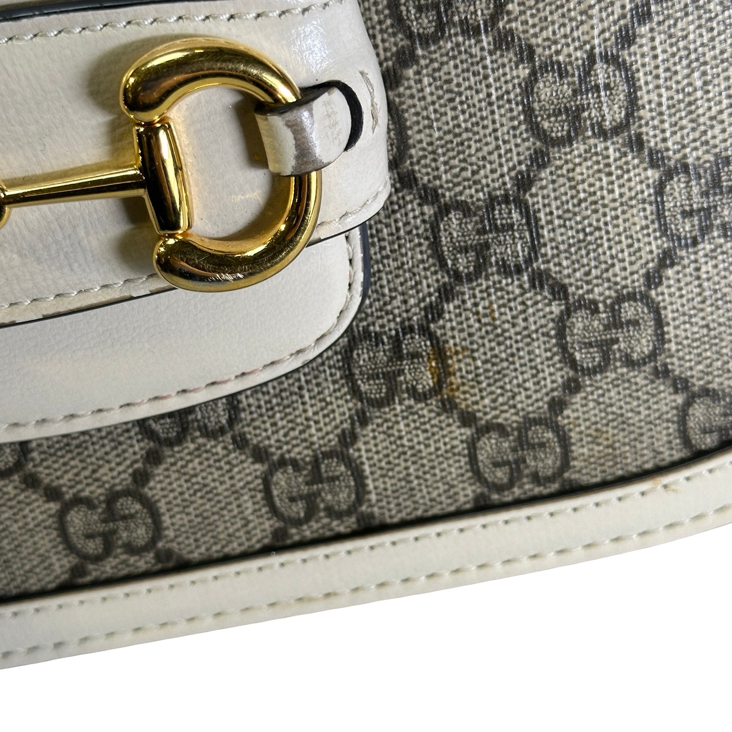 Used GUCCI GG Supreme Canvas Horsebit 1955 Shoulder Bag Beige White GHW