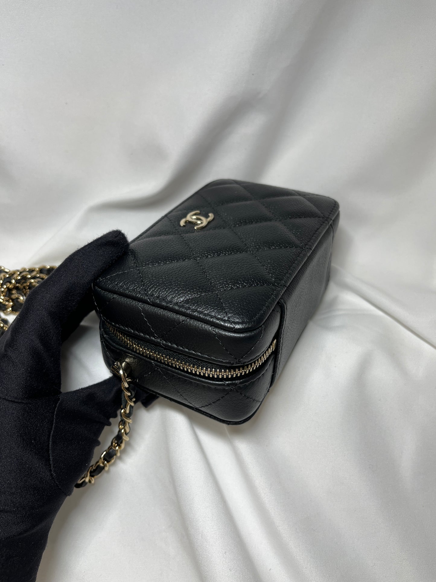 Used CHANEL Calfskin Leather Handle Mini Cross Body Bag Black GHW