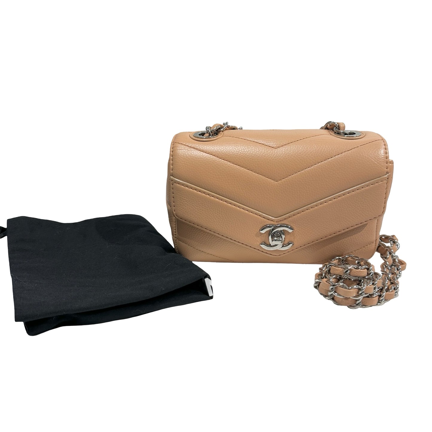 Used CHANEL Chevron Caviar Classic Flap Chain Shoulder Bag Beige