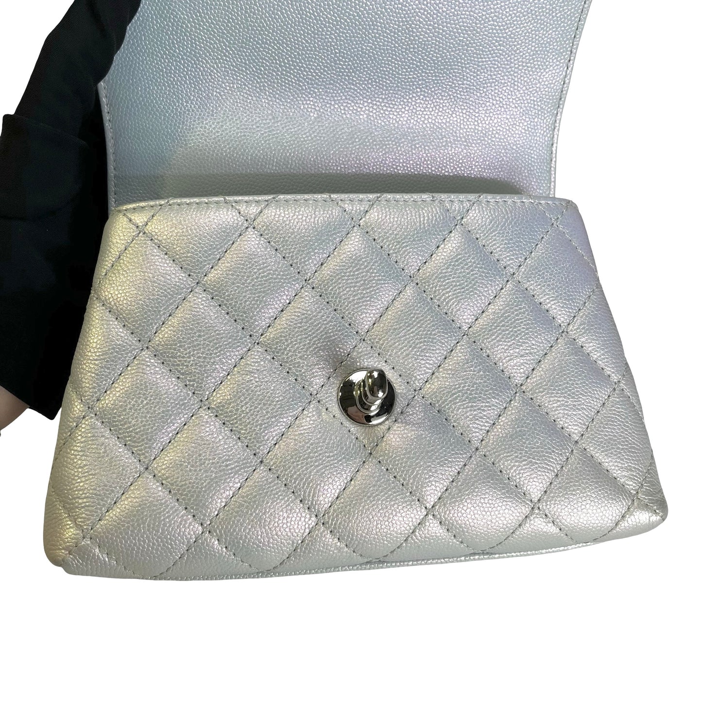 Used CHANEL Quilted Caviar Coco Handle Cross body bag Iridescent Silver Light Blue