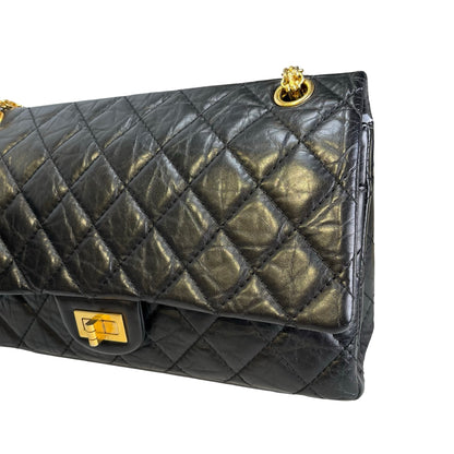 Used CHANEL Quilted Aged Calfskin 2.55 Medium Chain Shoulder Bag Black Gold