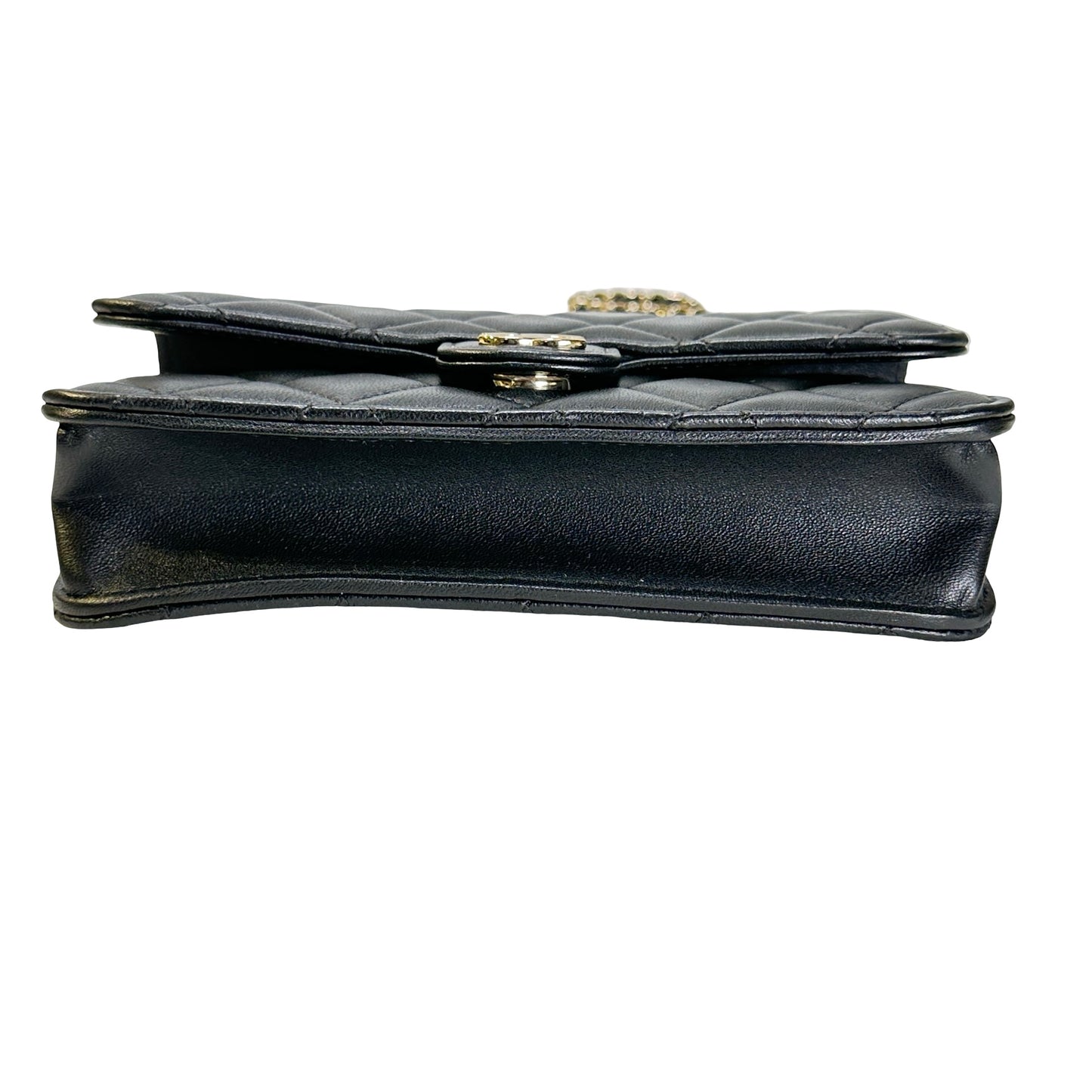 Used CHANEL Quilted Lambskin Phone Holder with Top Handle and Chain Crossbody Bag Black GHW