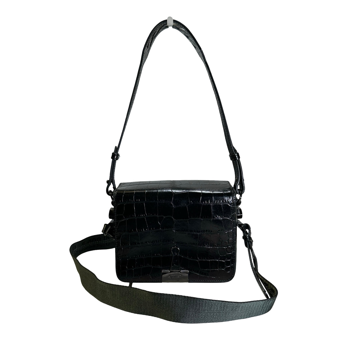 Used OFF-WHITE Crocodile Embossed Binder Clip Crossbody Bag Black PHW