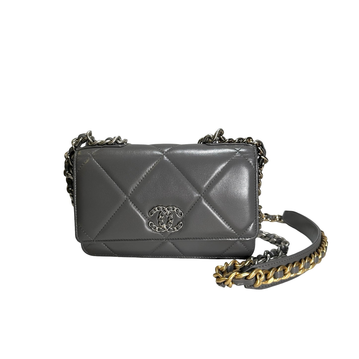 Used CHANEL Quilted Lambskin Chanel 19 Wallet On Chain Wallet on chain Grey GHW