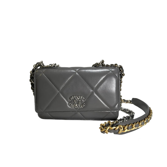 Used CHANEL Quilted Lambskin Chanel 19 Wallet On Chain Wallet on chain Grey GHW