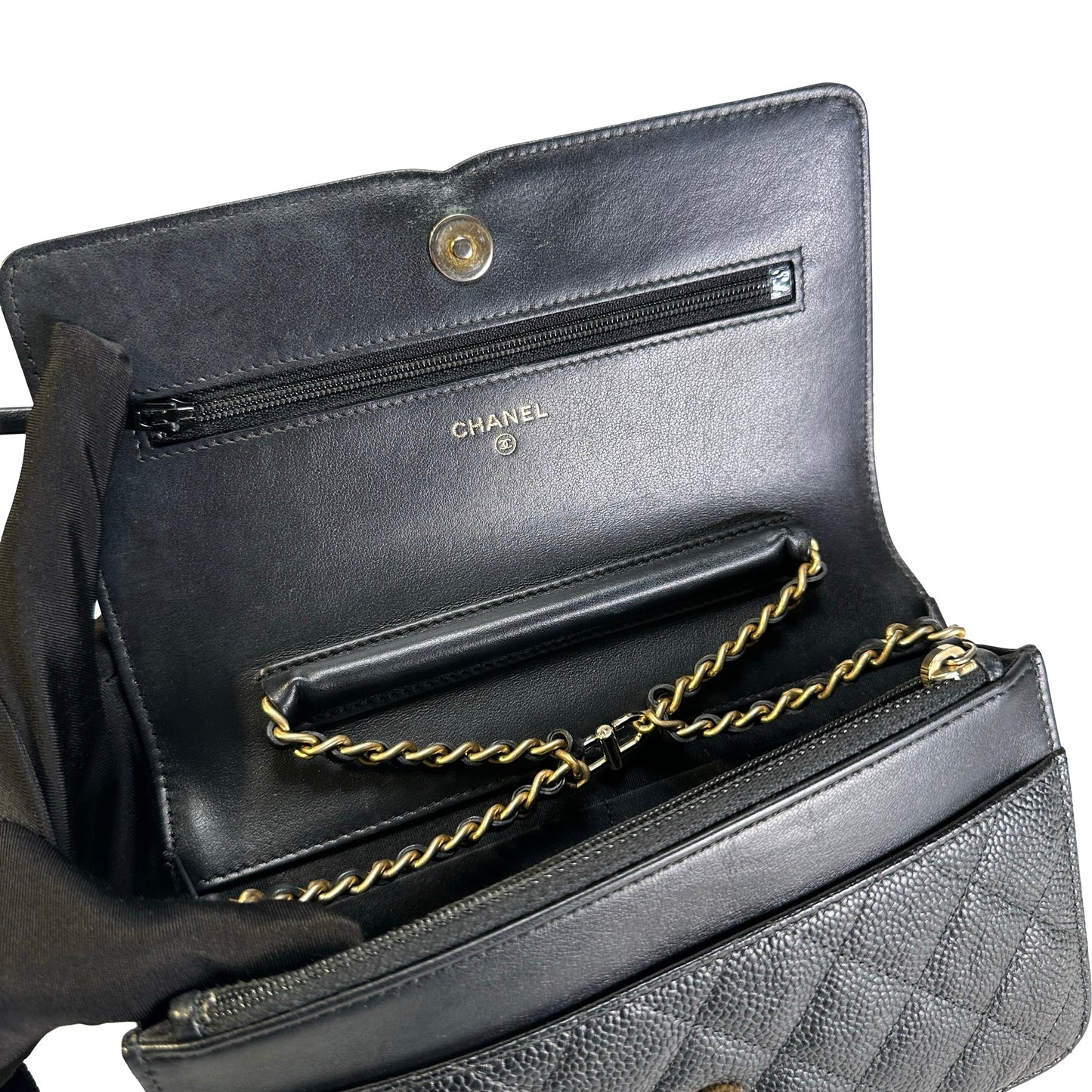Used CHANEL Quilted Caviar Wallet On Chain Wallet on chain Black Gold