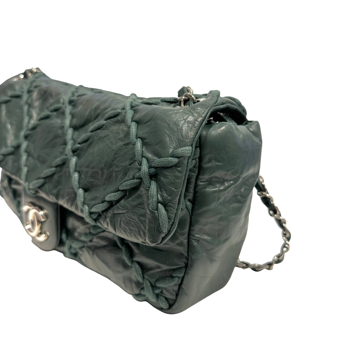 CHANEL Quilted Crinkled Calfskin Surpique Chain Shoulder Bag Dark Green Silver Hardware