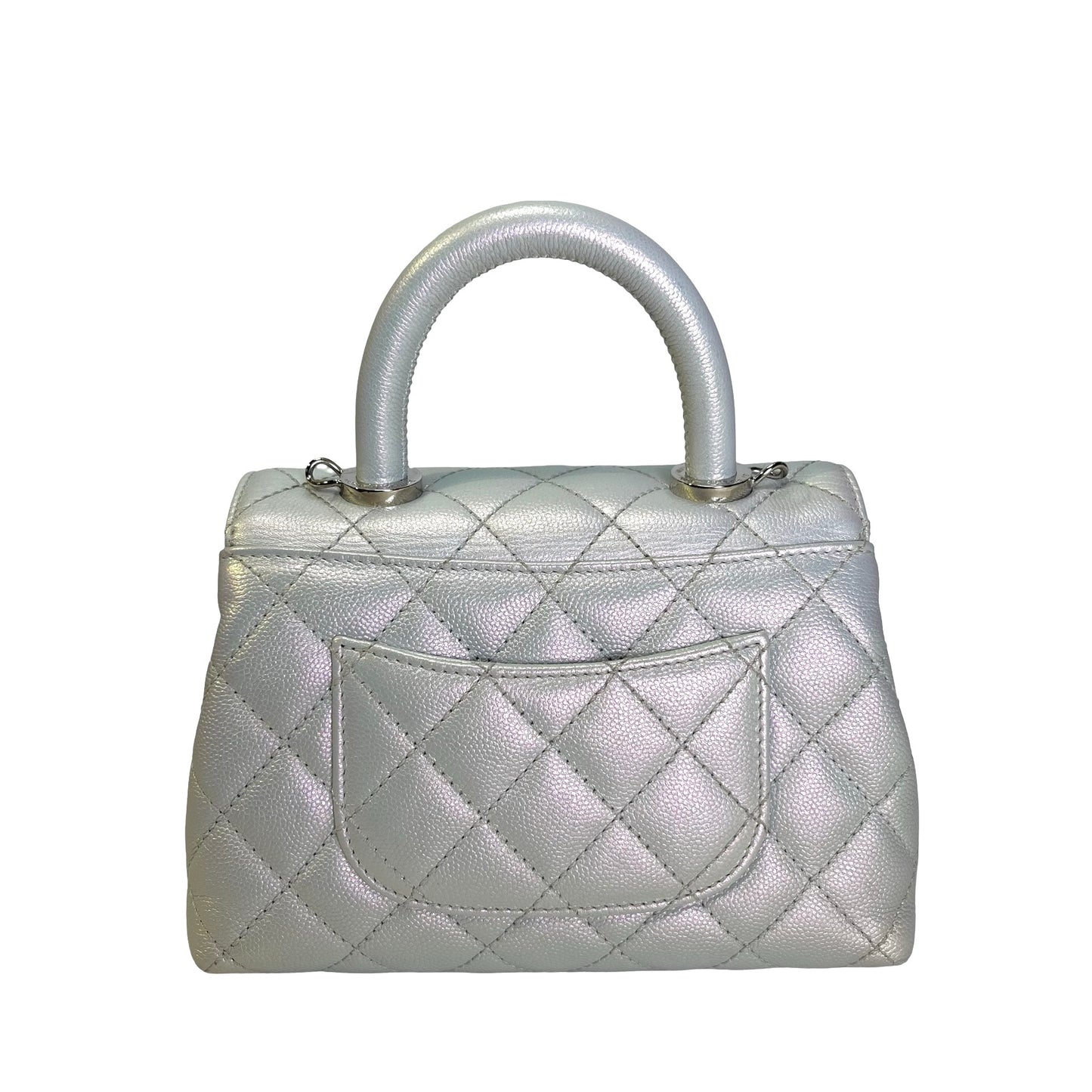 Used CHANEL Quilted Caviar Coco Handle Cross body bag Iridescent Silver Light Blue