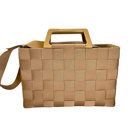 Used SALVATORE FERRAGAMO Woven Checkerboard Woven Grosgrain Ribbon Bag Handbag Gold Beige PHW