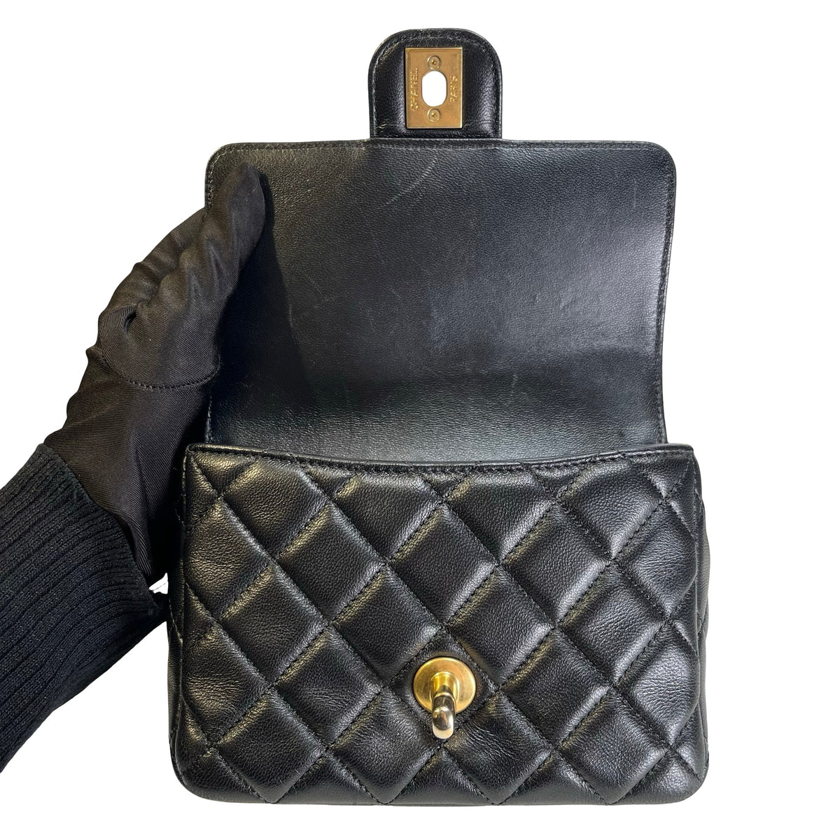 CHANEL Quilted Lambskin Mini Rectangular Flap Chain Shoulder Bag Black Gold
