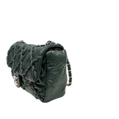 CHANEL Quilted Crinkled Calfskin Surpique Chain Shoulder Bag Dark Green Silver Hardware