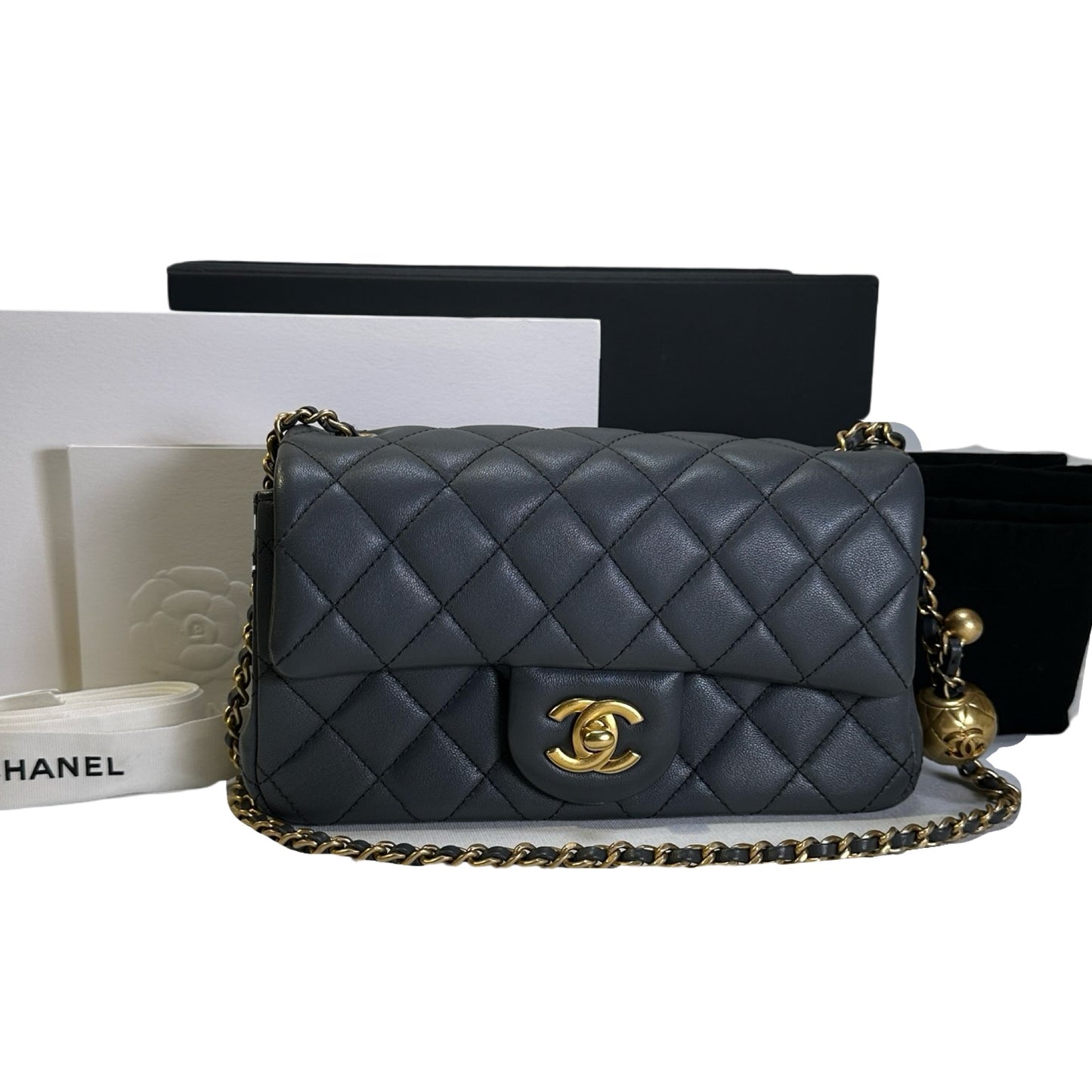 Used CHANEL Quilted Lambskin Mini Flap Bag With Gold Ball Mini Bag Grey GHW