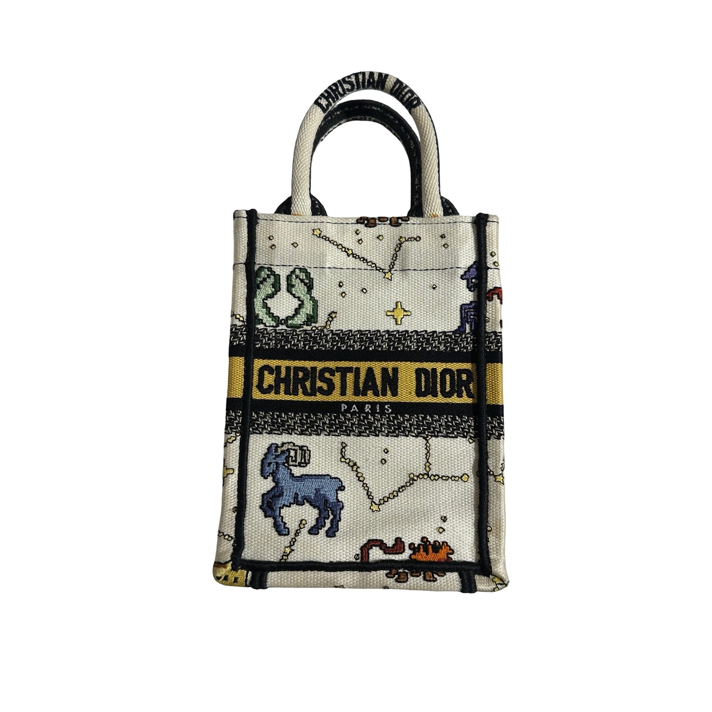 Used DIOR Dior Zodiac Embroidery Canvas Book Tote Mini Tote Bag White Multicolor GHW