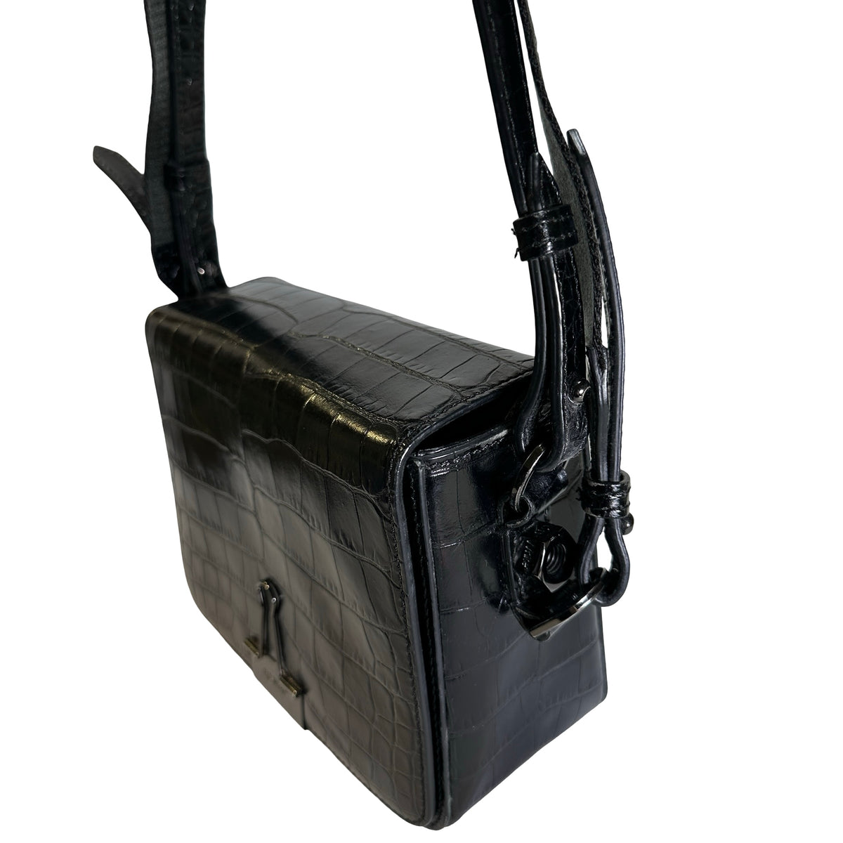 Used OFF-WHITE Crocodile Embossed Binder Clip Crossbody Bag Black PHW
