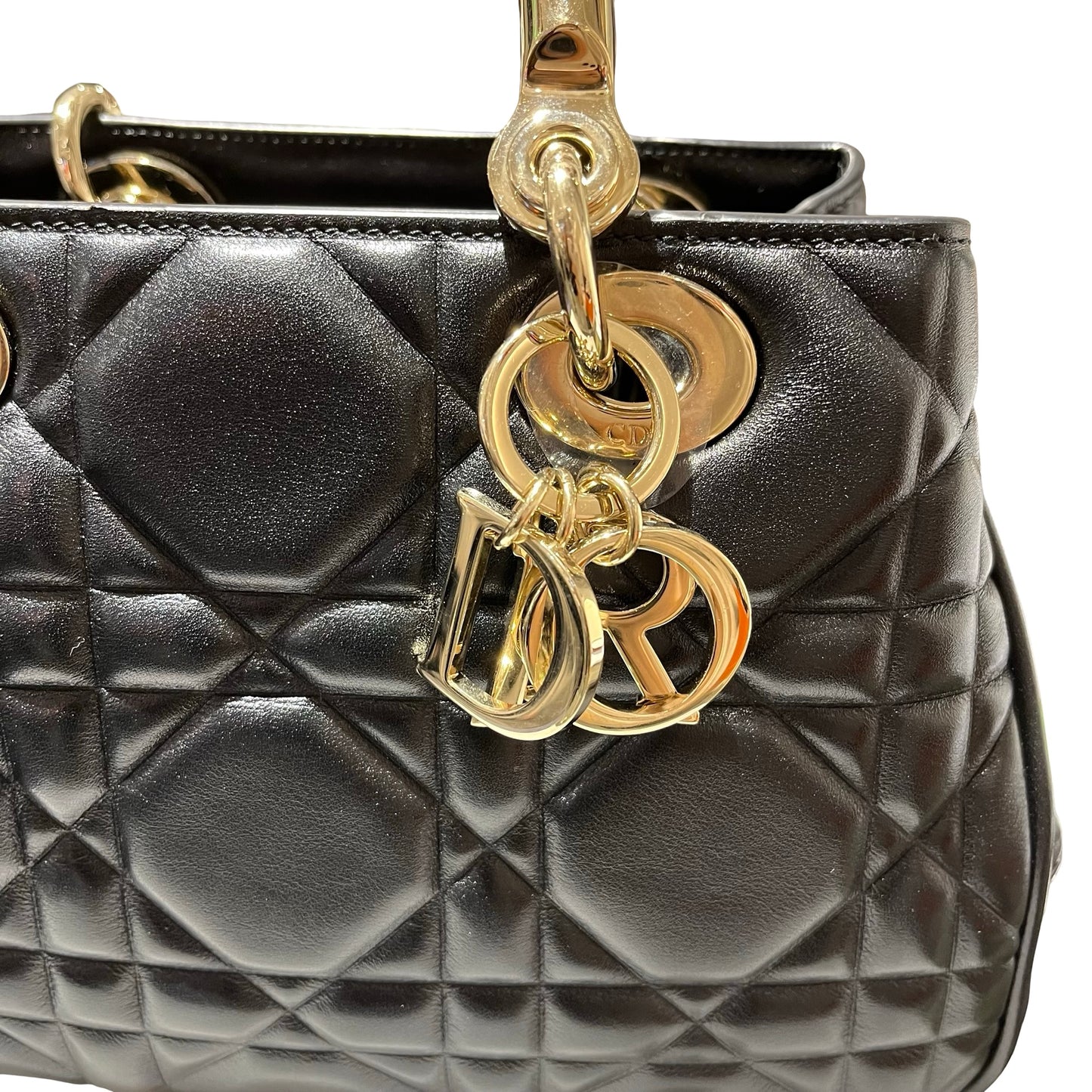 Used Dior Lambskin Leather Lady Dior Tote Bag Black GHW