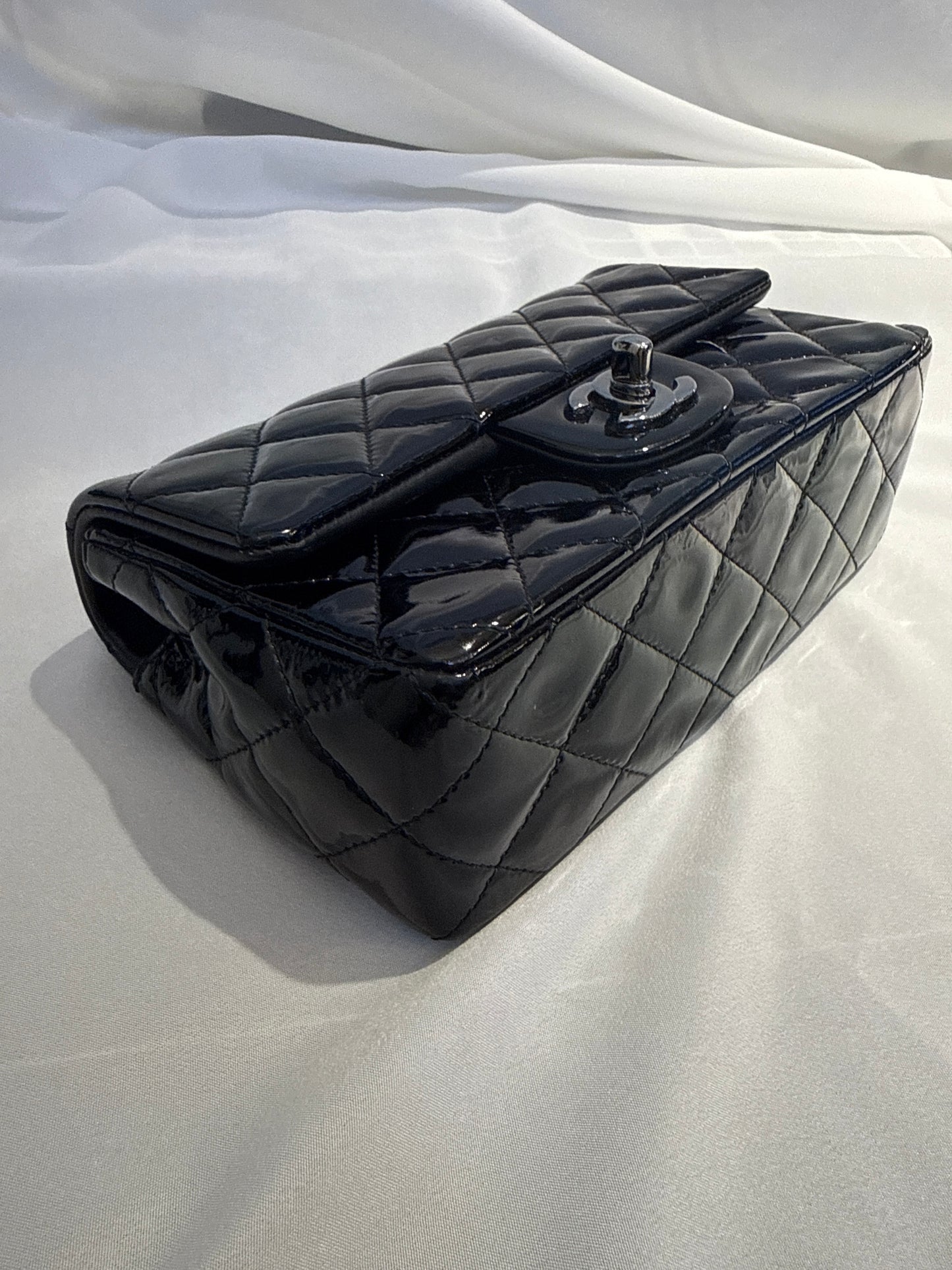 Used Chanel Quilted Patent Leather Classic Flap Mini Chain Shoulder Bag Black PHW