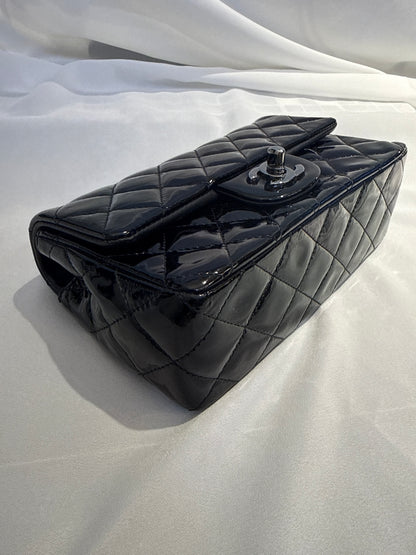 Used Chanel Quilted Patent Leather Classic Flap Mini Chain Shoulder Bag Black PHW