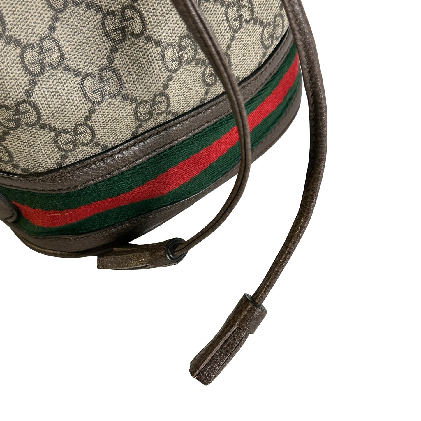 Used GUCCI GG Supreme Canvas Ophidia Bucket Bag Beige Ebony Brown， GHW