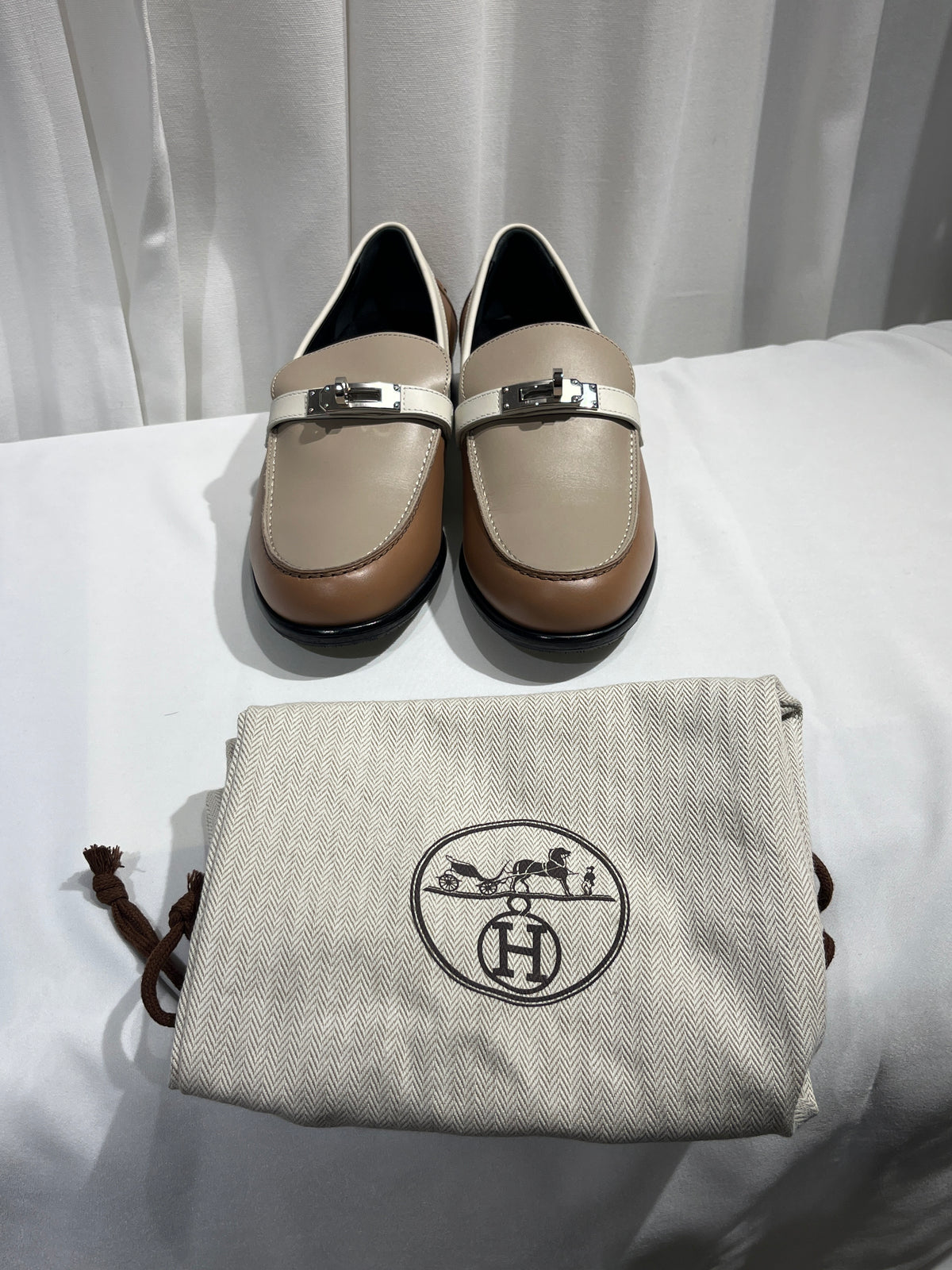 Used Hermès Shoes Beige Brown White PHW