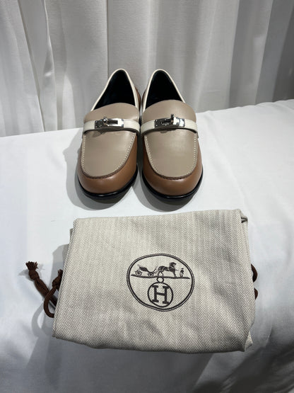 Used Hermès Shoes Beige Brown White PHW