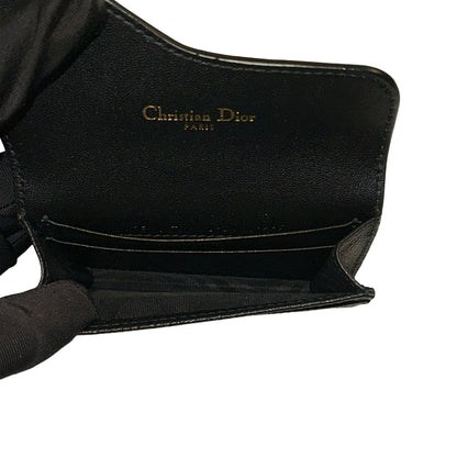 Used DIOR Goatskin Saddle Flap Card Holder Black GHW