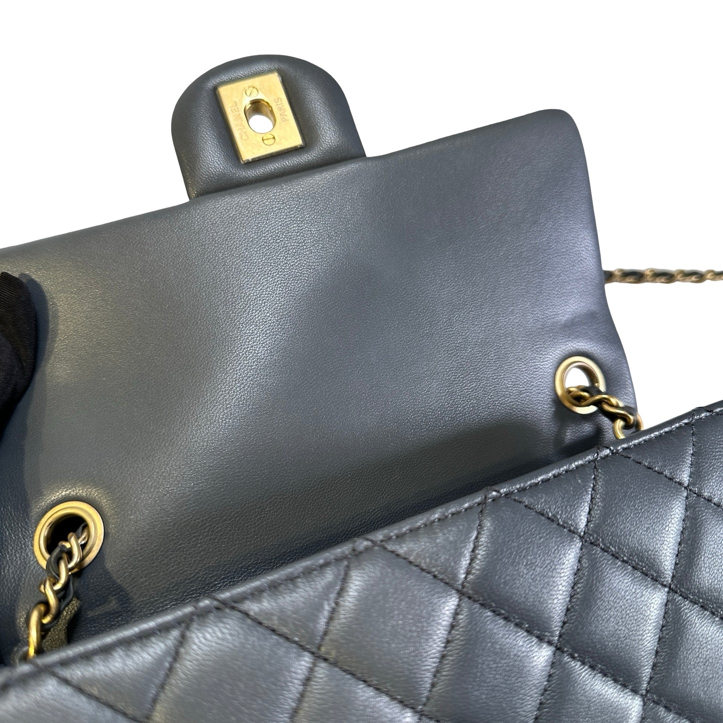 Used CHANEL Quilted Lambskin Mini Flap Bag With Gold Ball Mini Bag Grey GHW
