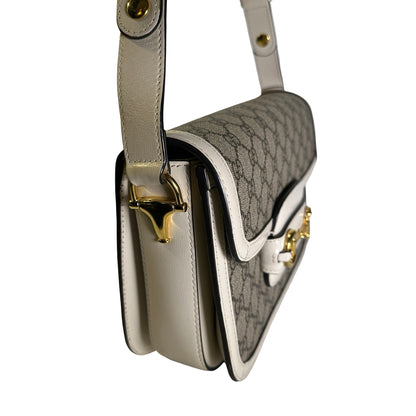 Used GUCCI GG Supreme Canvas Horsebit 1955 Shoulder Bag Beige White GHW