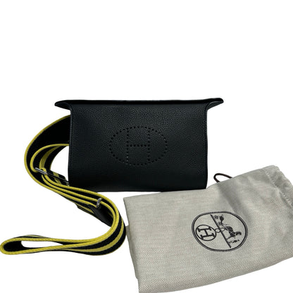 Used HERMES Clemence Leather VIDEPOCHES Shoulder Bag Black PHW