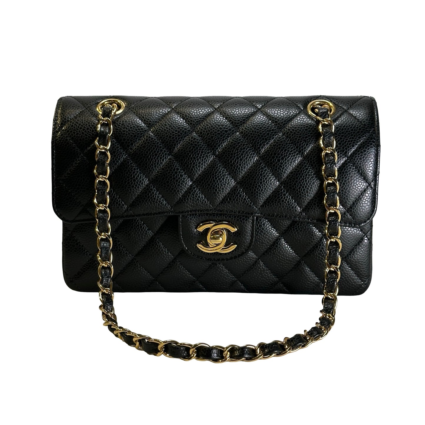 Used CHANEL Caviar Quilted Classic Double Flap Chain Shoulder Bag Black Gold