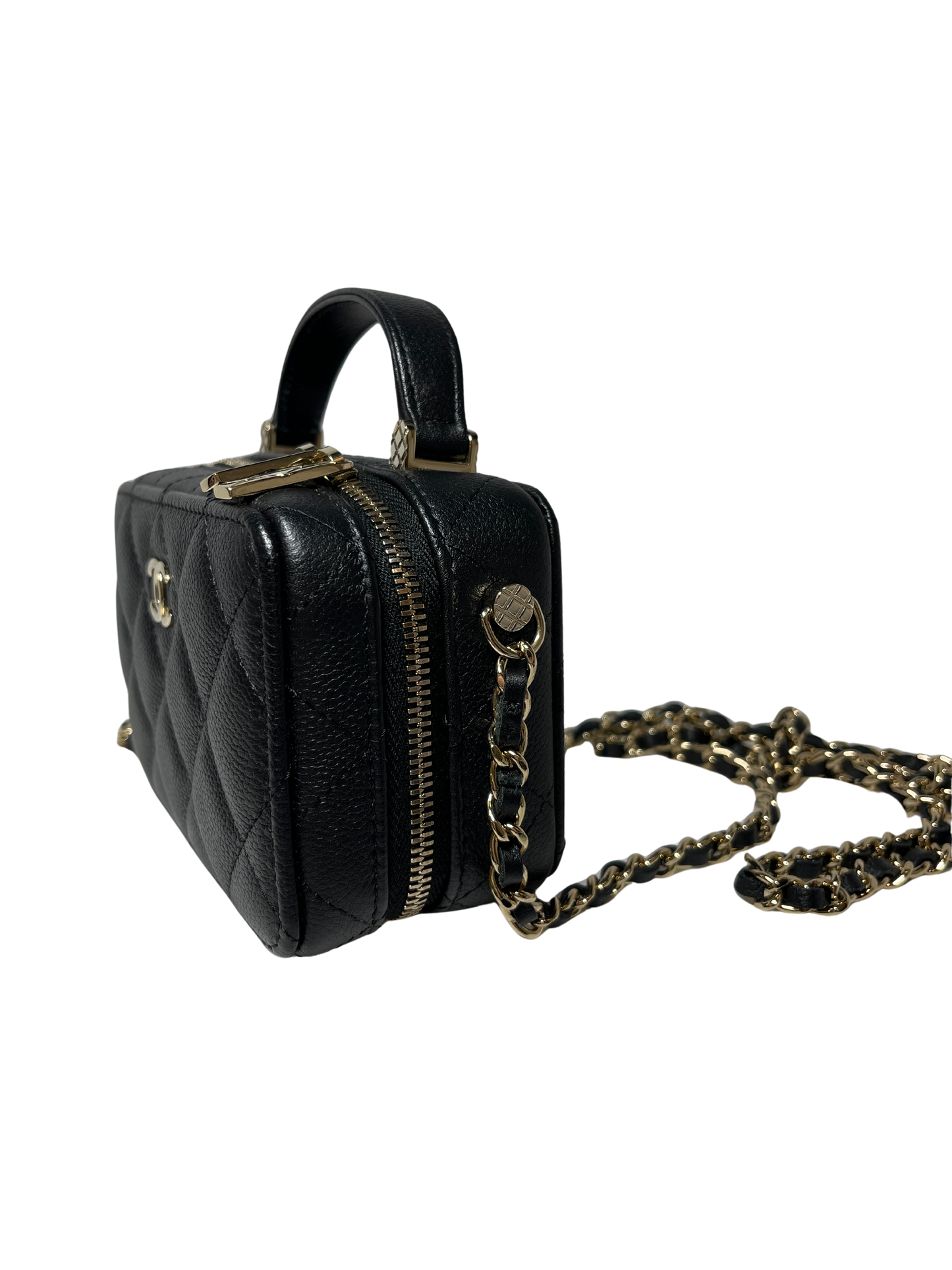 Used CHANEL Calfskin Leather Handle Mini Cross Body Bag Black GHW