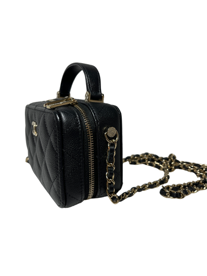 Used CHANEL Calfskin Leather Handle Mini Cross Body Bag Black GHW