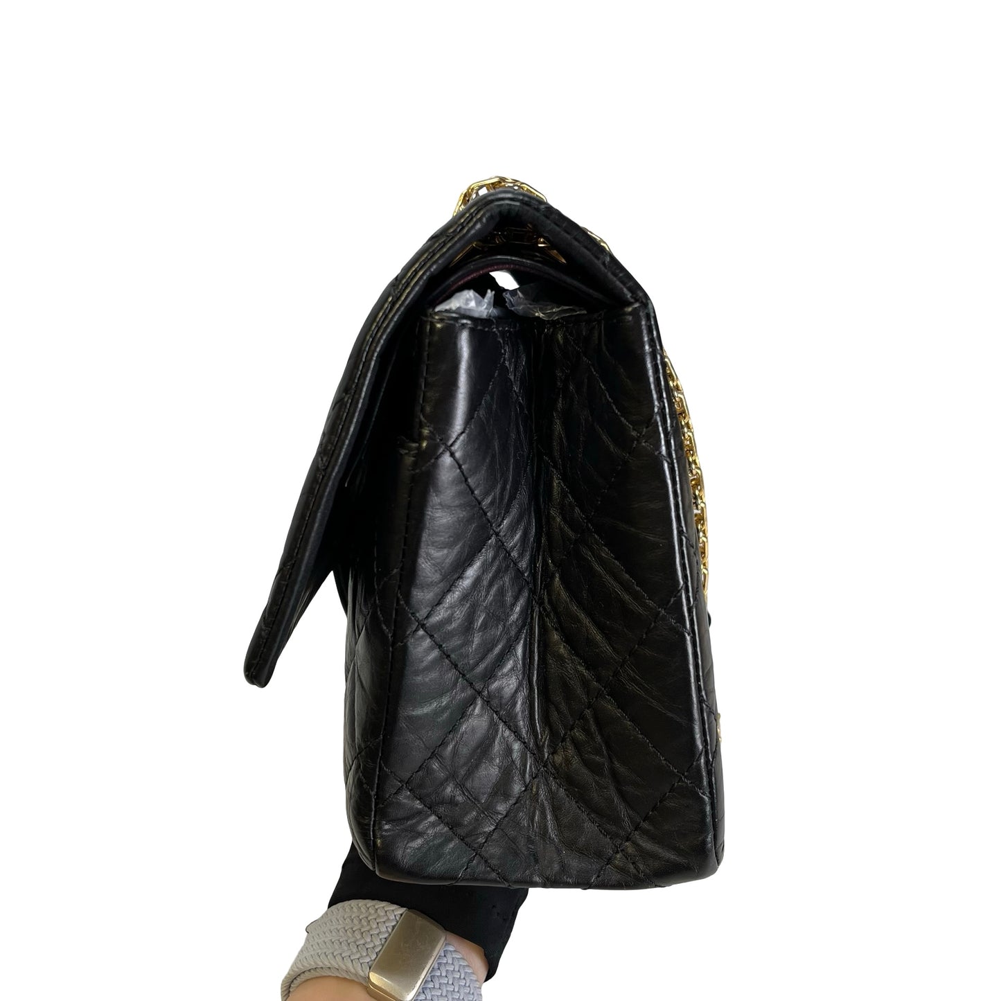 Used CHANEL Quilted Aged Calfskin 2.55 Medium Chain Shoulder Bag Black Gold