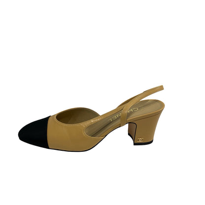 Used CHANEL Goatskin Slingbacks Heels Beige Black
