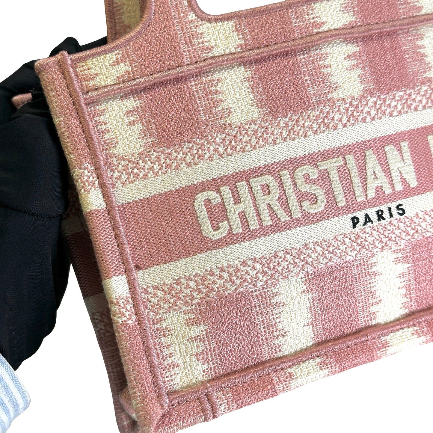 Used DIOR D-Stripes Embroidery Book Tote Tote Bag Pink White