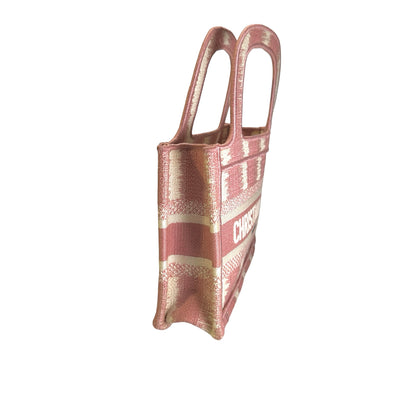 Used DIOR D-Stripes Embroidery Book Tote Tote Bag Pink White